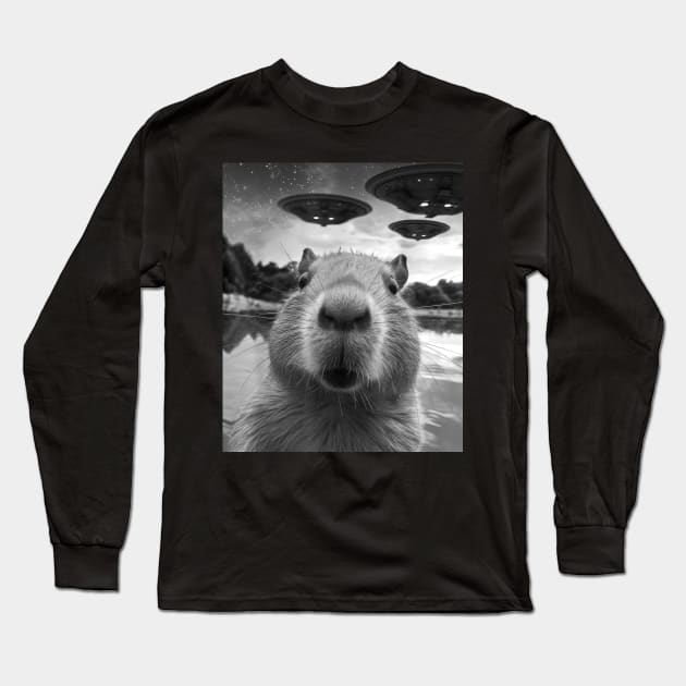 Funny Capybara Selfie with UFOs Long Sleeve T-Shirt by unaffectedmoor